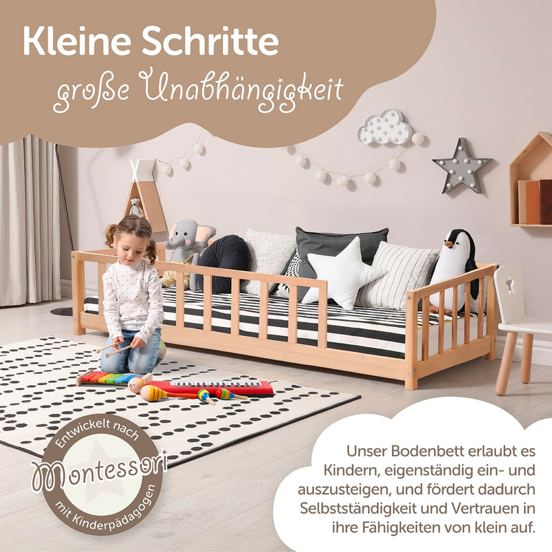 Famifidus Bodenbett 90x200 cm | Montessori Bodenbett inkl. Rausfallschutz und Lattenrost | Kinderbett für Jungen und Mädchen (Natur, 90 x 200 cm)