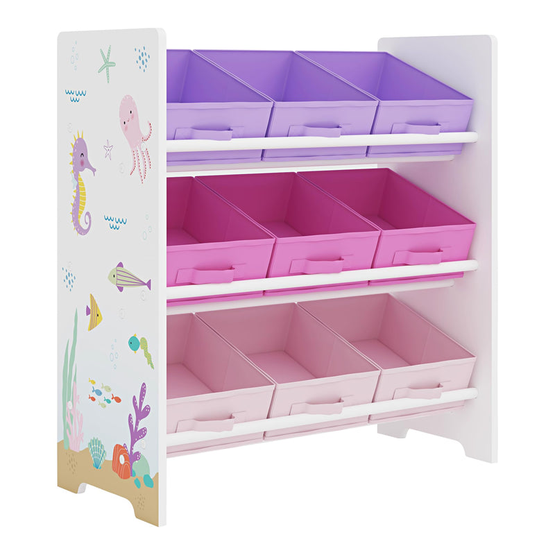 [en.casa] Kinderregal Boiro Kinderzimmerregal stehend mit 9 Faltboxen Ozean-Motiv Spielzeug Aufbewahrungsregal 59,5 x 62 x 29,5 cm Weiß/Lila/Rosa