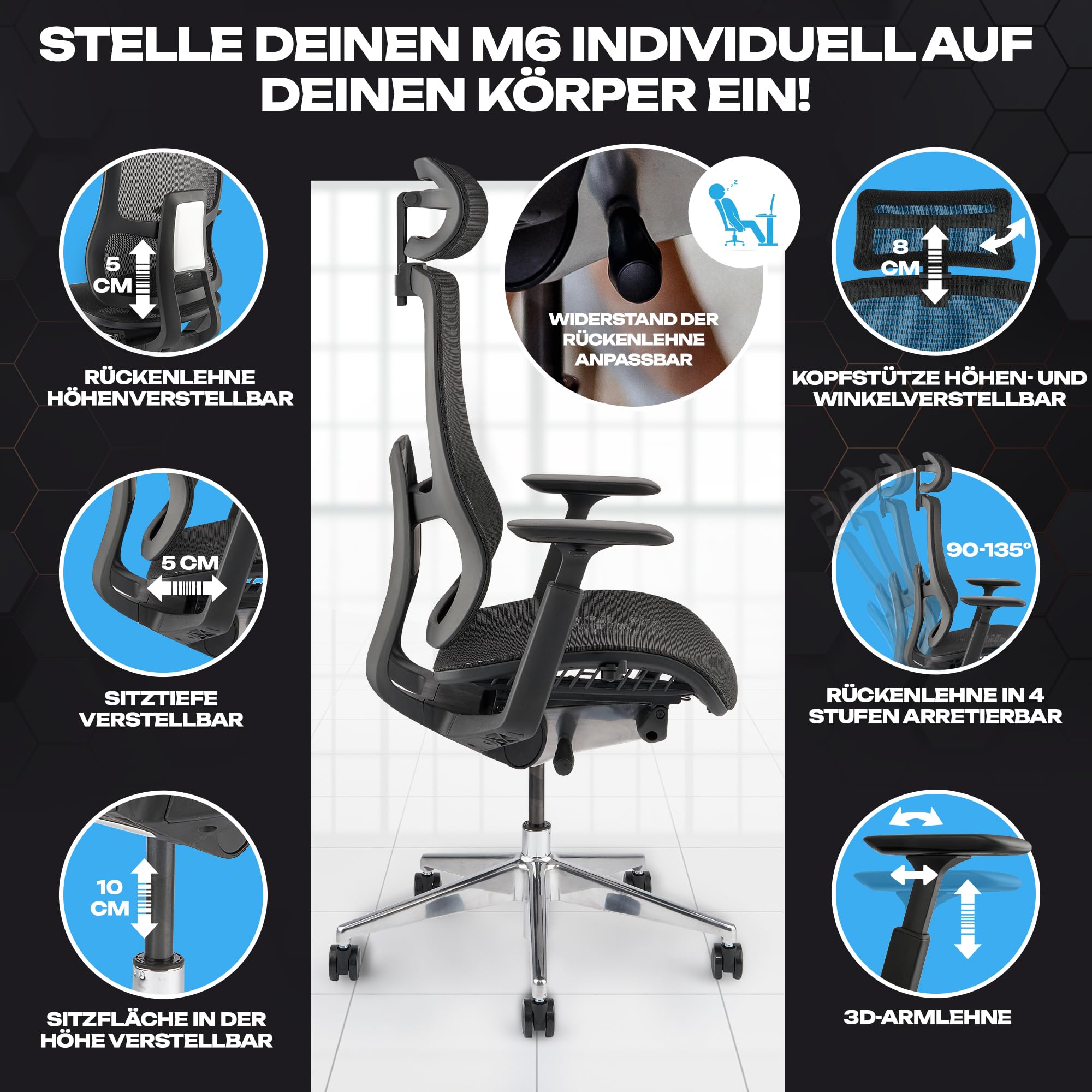 VALKENSTOL M6 Ergonomischer Bürostuhl 150 KG [Grosse Menschen, MESH-Sitz] Bürostuhl Ergonomisch für langes bequemes Sitzen und fokussierteres Arbeiten - Chefsessel Bürostuhl Bürosessel Office Chair