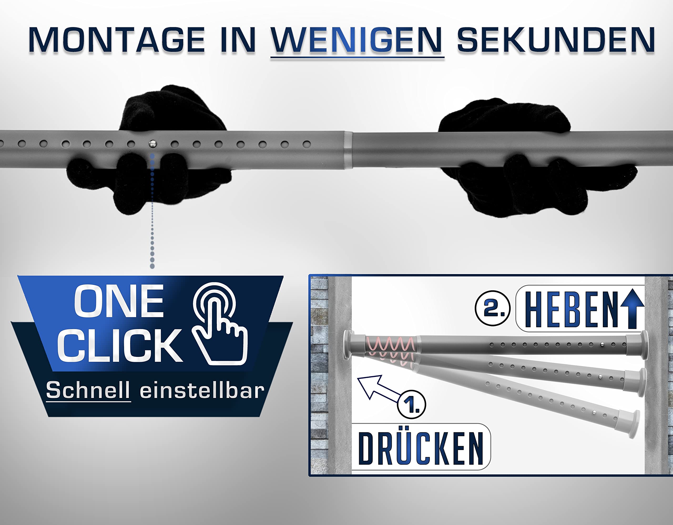 MEISENBERG Gardinenstange ohne Bohren 210-260cm, Ø32mm Grau belastbare Klemmstange zum Ausziehen - Vorhangstange, Teleskopstange - für ihre Gardinen, Trennwand und Balkon