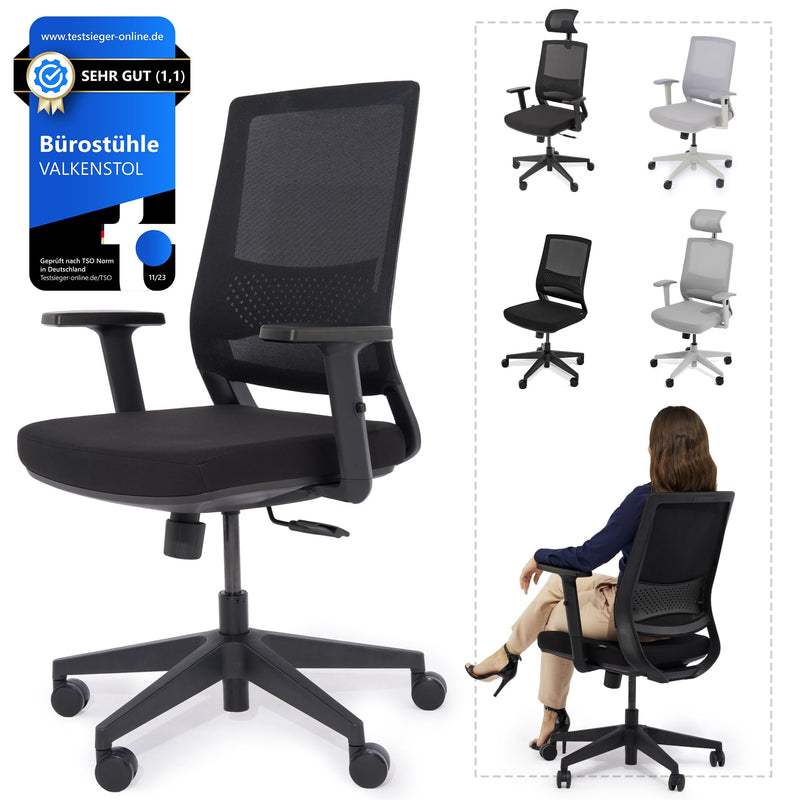 VALKENSTOL M2 Ergonomischer Bürostuhl 150 kg ohne Kopfstütze Schwarz Schreibtischstuhl Bürostuhl Ergonomisch Bürostühle Ergonomic Office Chair