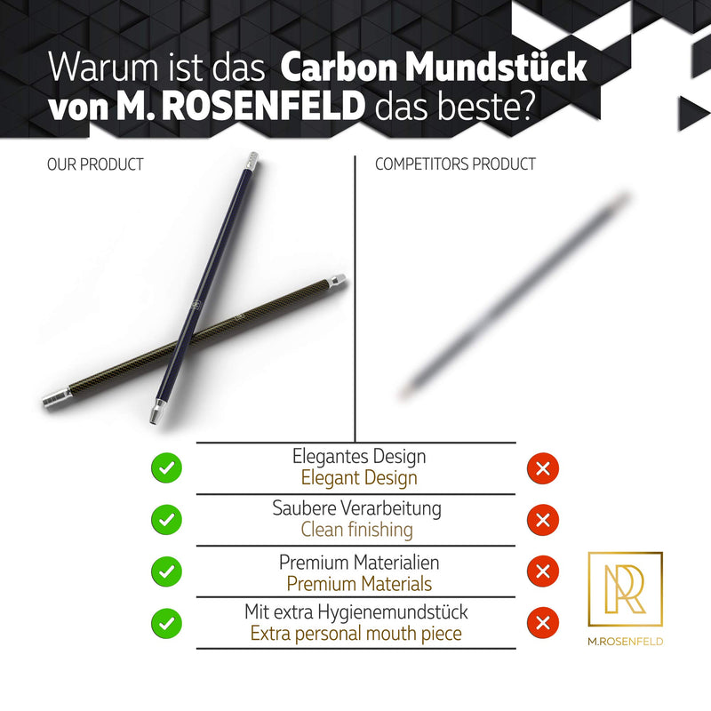 M. ROSENFELD Shisha Mundstück Carbon – 40 cm lang, Schwarz + Gold Faser, mit Schlauchadapter und Shisha Hygienemundstück schwarz inkl. Schlüsselband. Ideal Shisha Zubehör Geschenk