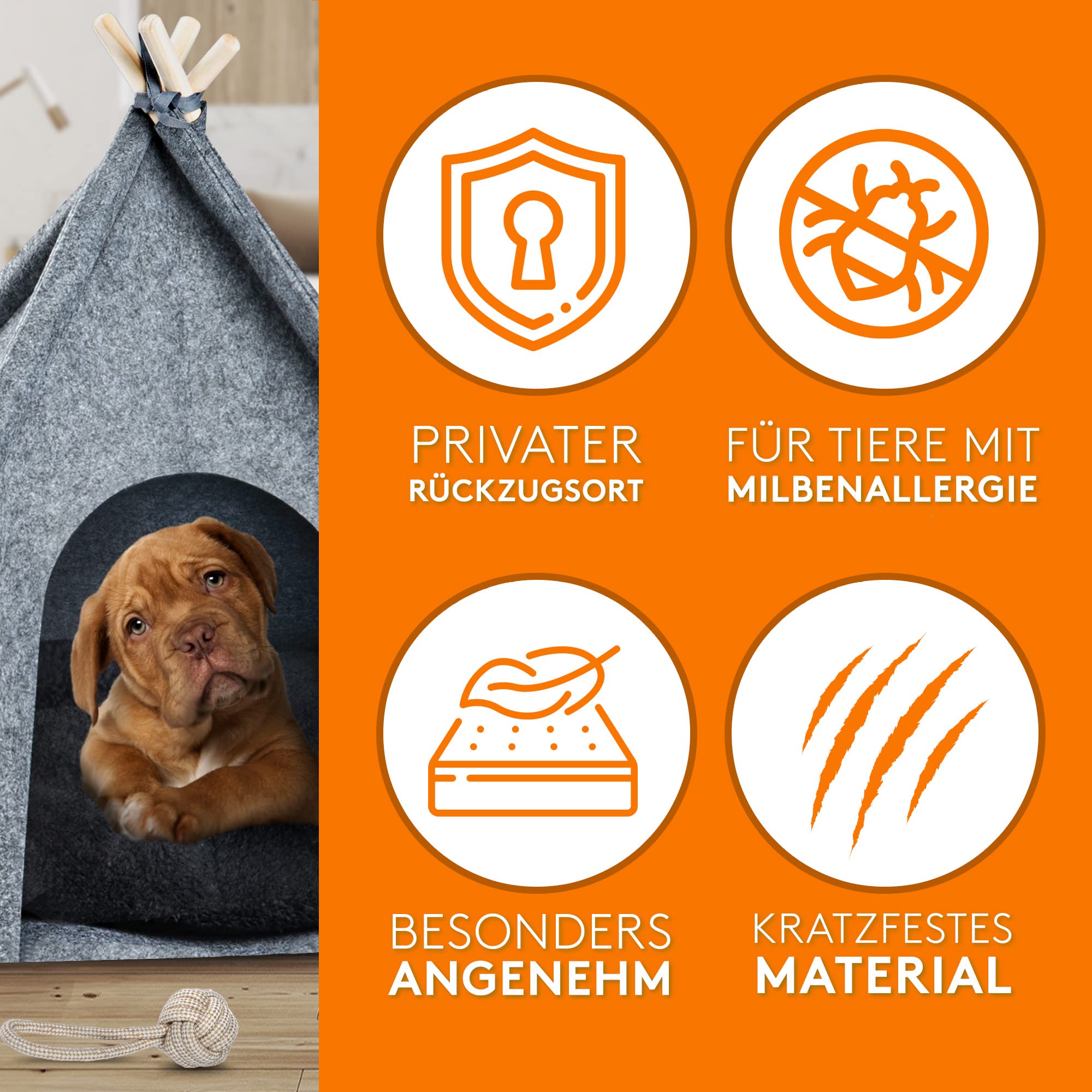 NAPFINO - Gemütliche Hundehöhle & Katzenhöhle - Angenehme Hundehütte Indoor aus Filz - Hundezelt mit weichem Kissen & Anti Milben Bezug - Für Balkon, Garten & Wohnzimmer - Inkl. Spielzeug (Größe S)