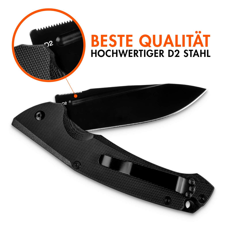 Wolfgangs TELUM Zweihandmesser Klappmesser aus feinstem D2 Stahl - Legales Taschenmesser Klappmesser - Rebustes Outdoor Messer Survival - Klappmesser Outdoor inkl. Kydex Holster (Satin Schwarz)