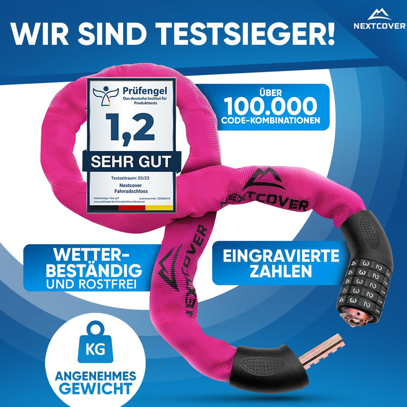 NEXTCOVER® NEU Fahrradschloss mit Zahlencode [SAFESECURE] für hohe Sicherheit I Schloss mit 5- stelligem Zahlencode I Zahlenschloss Fahrrad Stahl I Bike Lock perfekt für E-Bike I Kettenschloss (Pink)