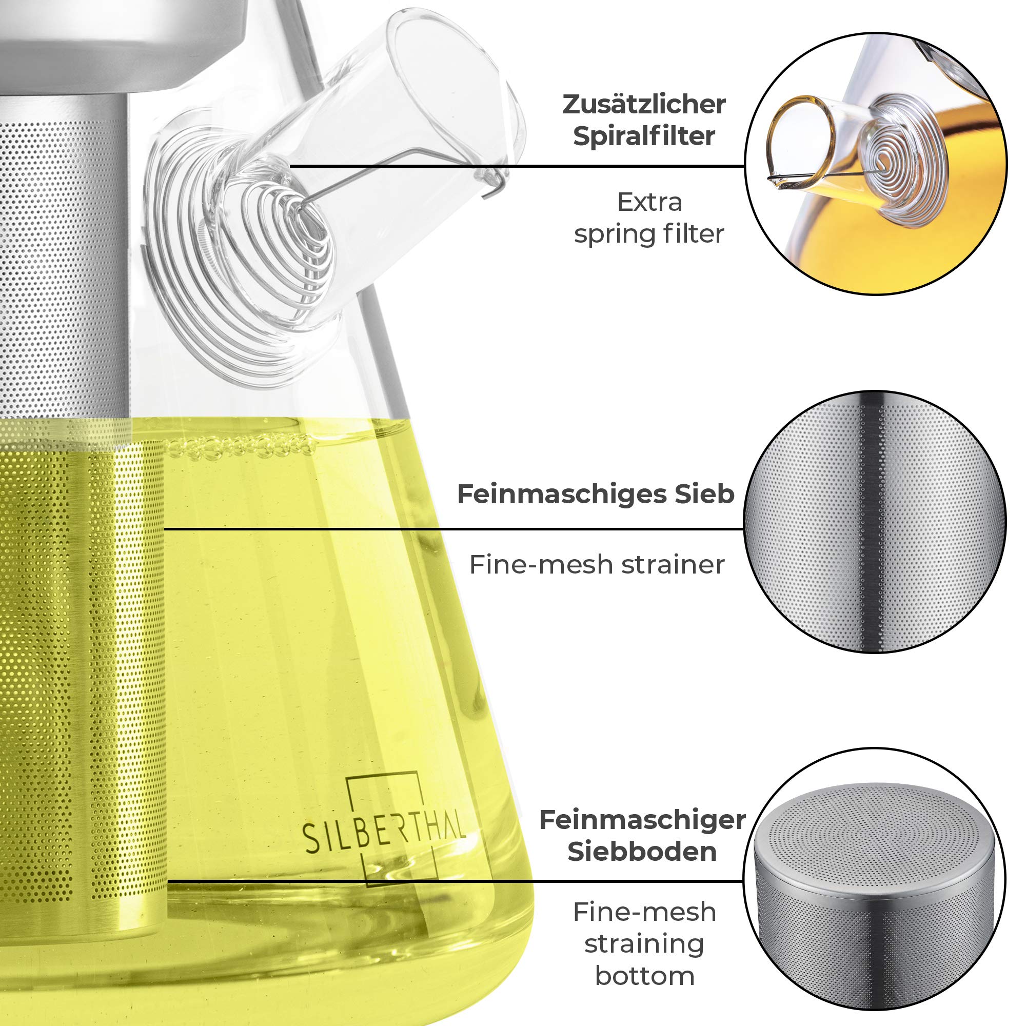 SILBERTHAL 2-in-1 Teekocher & Teekanne Glas mit Siebeinsatz aus Edelstahl - 1,5 Liter - Für alle Herdarten, auch Induktion