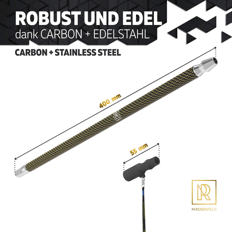 M. ROSENFELD Shisha Mundstück Carbon – 40 cm lang, Schwarz + Gold Faser, mit Schlauchadapter und Shisha Hygienemundstück schwarz inkl. Schlüsselband. Ideal Shisha Zubehör Geschenk