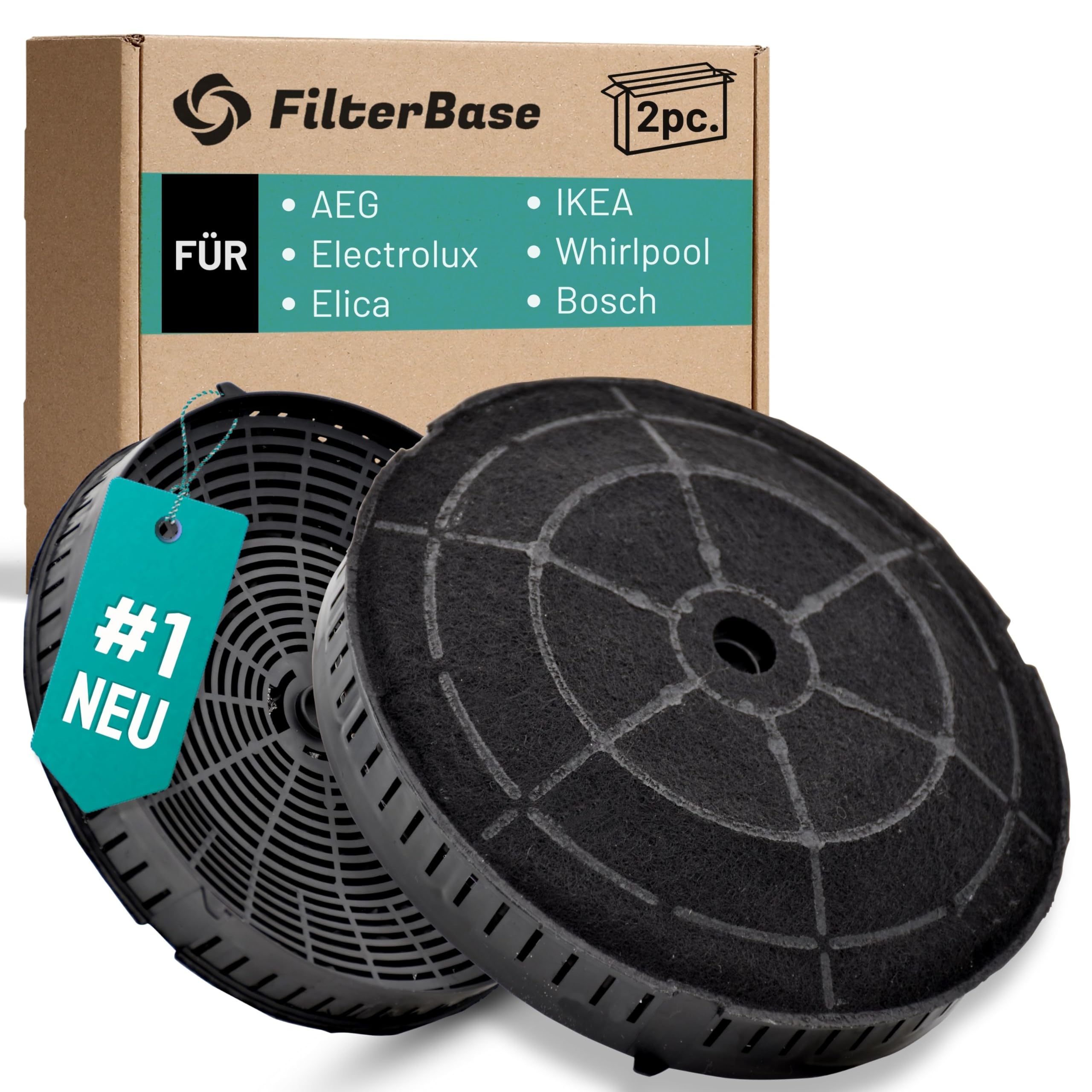 FilterBase® Aktivkohlefilter 2 Stück für AEG Electrolux 4055171138 4055217501 | Elica CFC0038668 Typ 57 CFC0140343 | Ikea NYTTIG FIL 440 | Whirlpool 48400008824 | Bosch 12020221 | Siemens 10005582