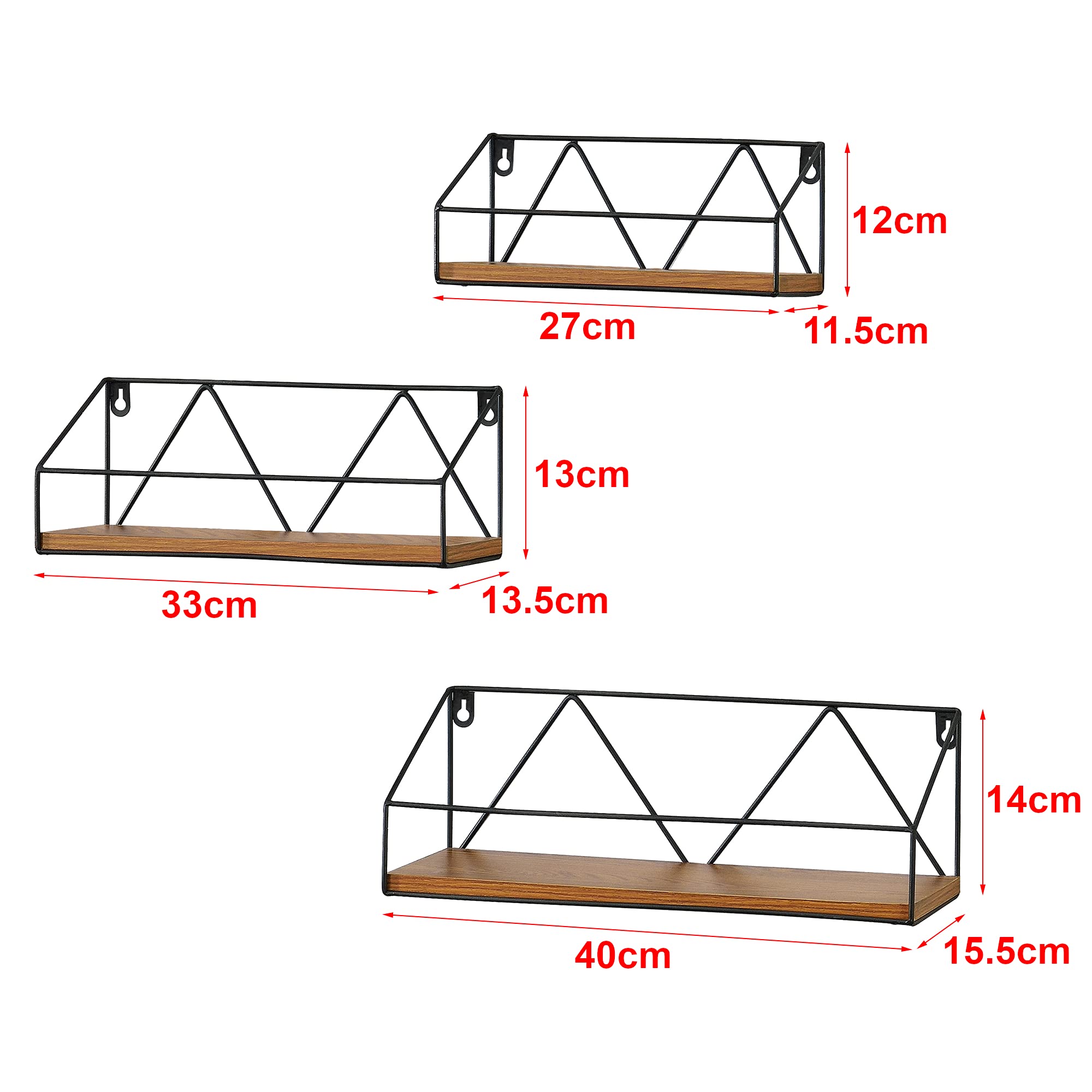 [en.casa] Wandregal Kolding 3tlg. Verschiedene Größen Hängeregal Wandboard Schweberegal Rahmen aus Eisen max. 10 kg Dunkler Holzton