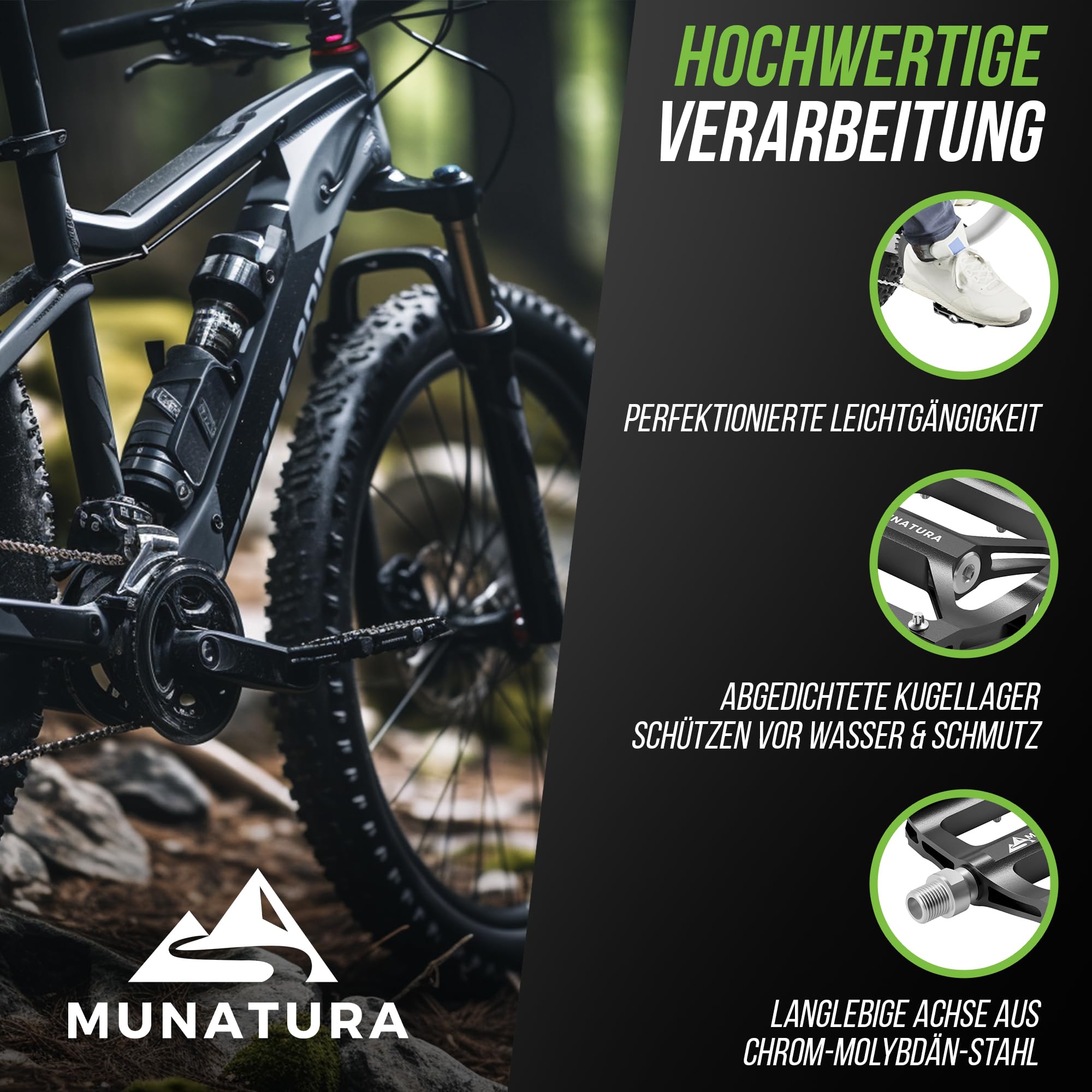 MUNATURA Fahrradpedale Mountainbike - Robuste MTB Pedale gewährleisten sicheres Fahrgefühl – Hohe Rutschfestigkeit - Langlebig & zuverlässig