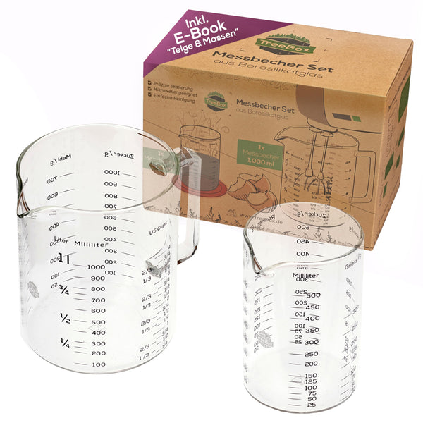 TreeBox Messbecher glas - Messbecher 1l & 500ml - 2er Set - Robuste und hitzebeständige Messbecher Set aus Borosilikatglas - Mikrowellengeeignet - Perfekt zum Backen, Kochen und Mischen, Transparent