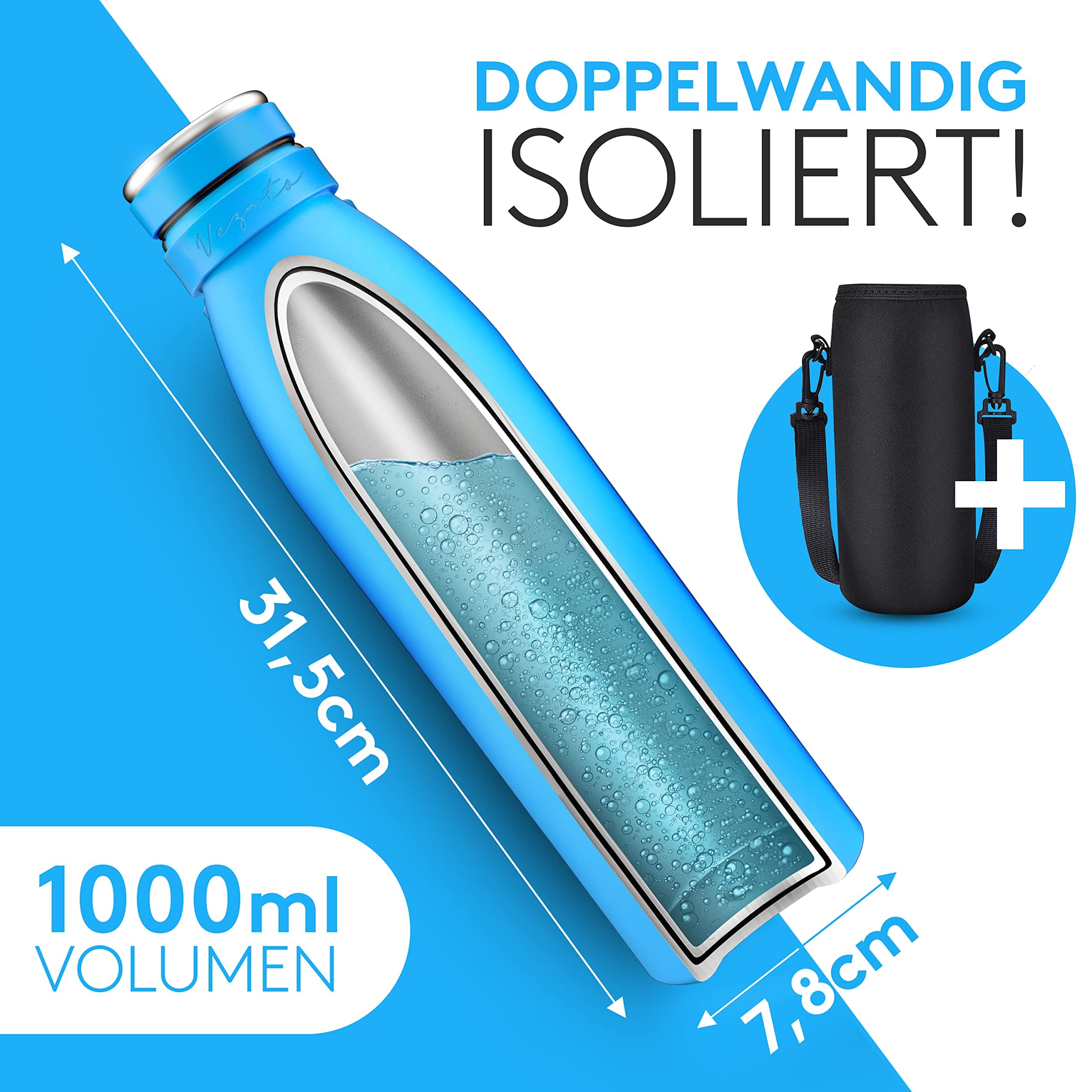 Vezato Trinkflasche Edelstahl - BPA-freie Isolierflasche 1 Liter - Auslaufsichere Wasserflasche mit doppelter Isolierung - Thermosflasche spülmaschinenfest - Für Kohlensäure geeignet - Nachhaltig