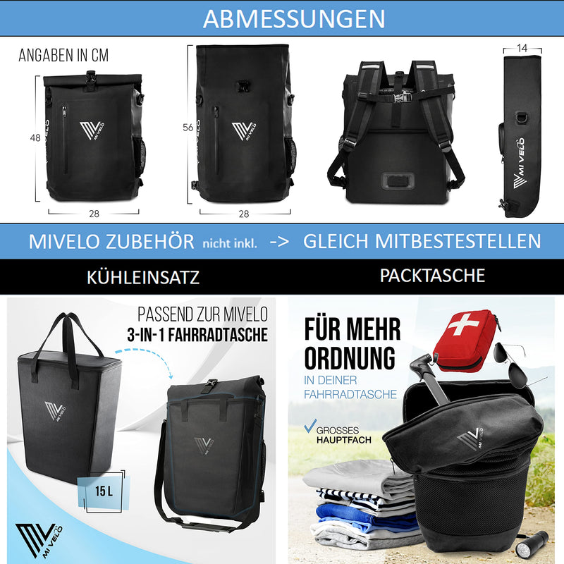 MIVELO - 3 in 1 Fahrradtasche - Rucksack - Schultertasche wasserdicht 100% PVC frei, mit Laptopfach und Schloss, für Fahrrad Gepäckträger 1 STK (Flieder, 20L)