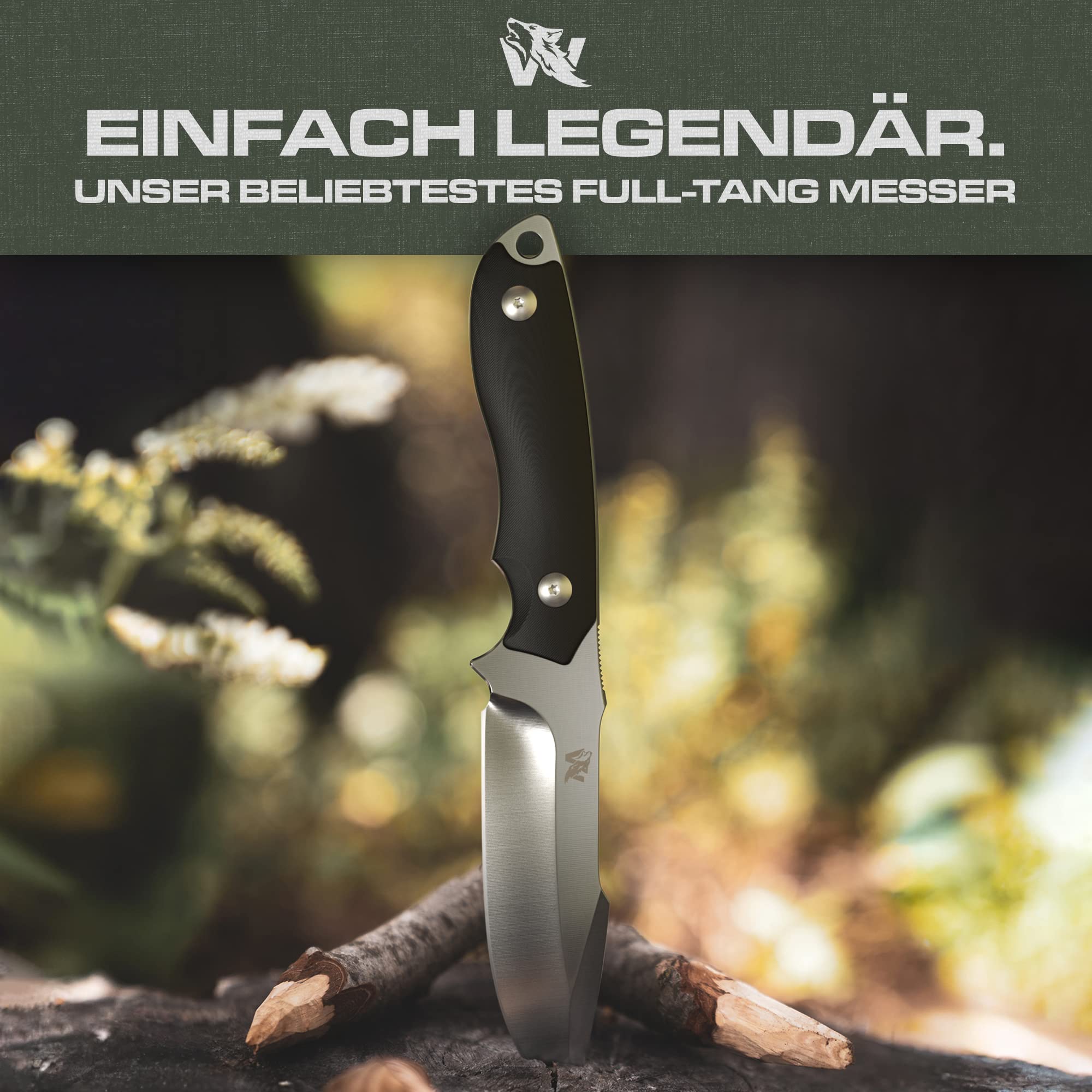 Wolfgangs Outdoor-Messer AMBULO mit Kydex Holster - Edles Jagdmesser aus einem Stück D2 Stahl gefertigt - DAS Bushcraft Messer - Survival Messer inklusive verbessertem Feuer-Starter (Schwarz)