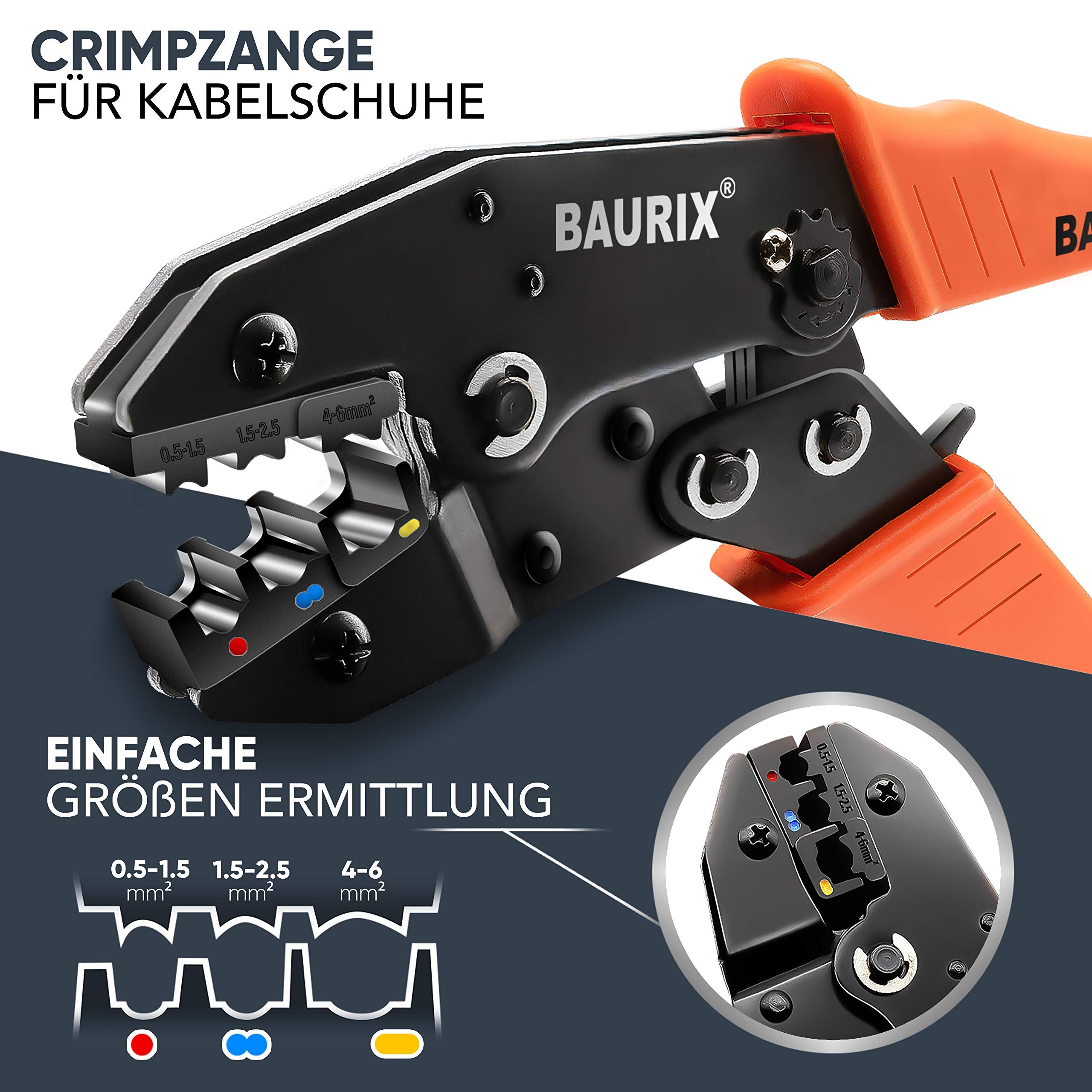 BAURIX® Crimpzange I Kabelschuhzange für 0,50-6,00 mm² Kabelhülsen I Kabelschuh Zange I Crimpzangen I Krimpzange I Crimp Zange I Presszange