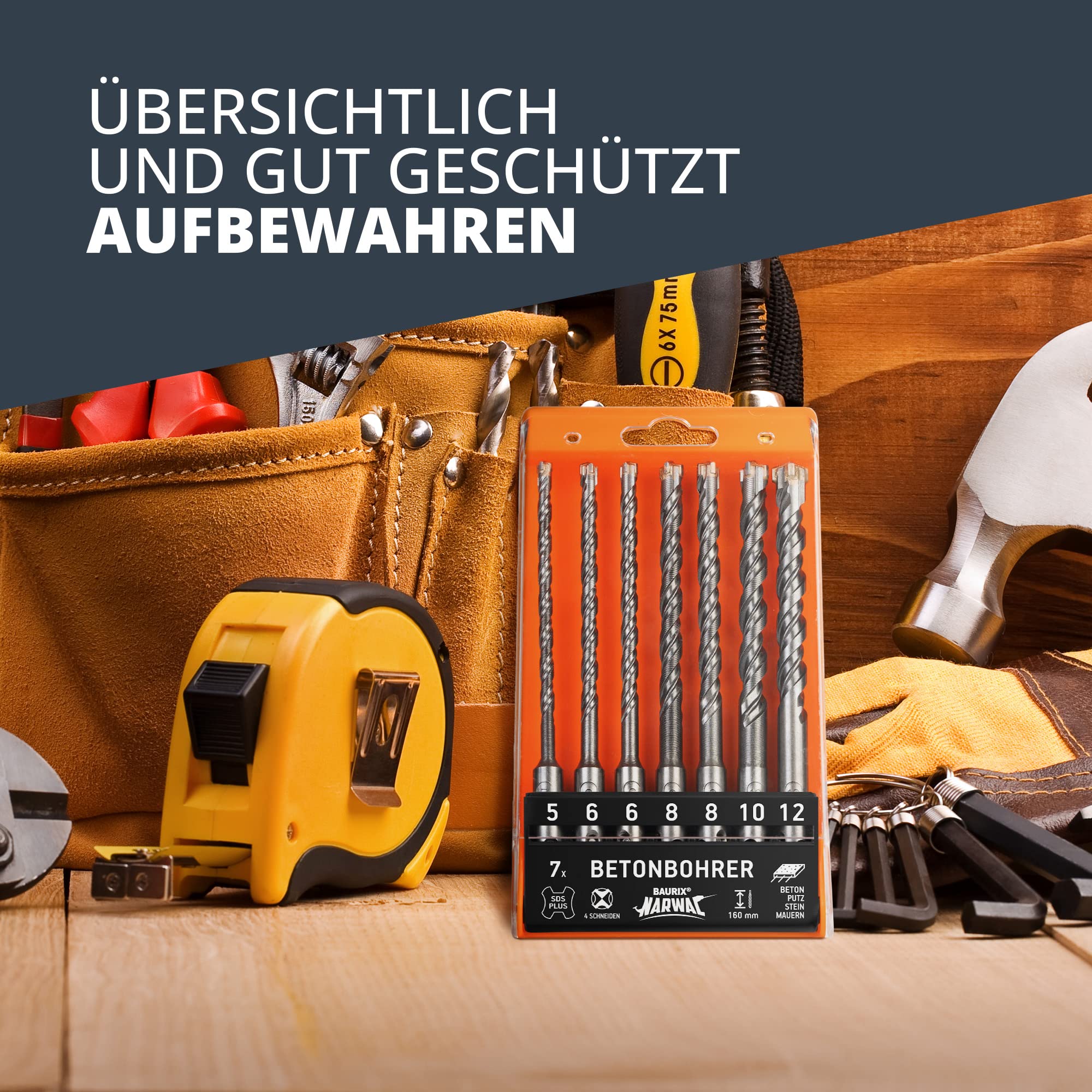 BAURIX® SDS Plus Bohrer Set [7 Stück] I NARWAL®-Bohrer - Mühelos Durch Beton Bohren I Steinbohrer Set 5,6,6,8,8,10,12mm - Länge: 160mm I Hammerbohrer, Betonbohrer Set für Bosch, Hilti, Einhell uvm.