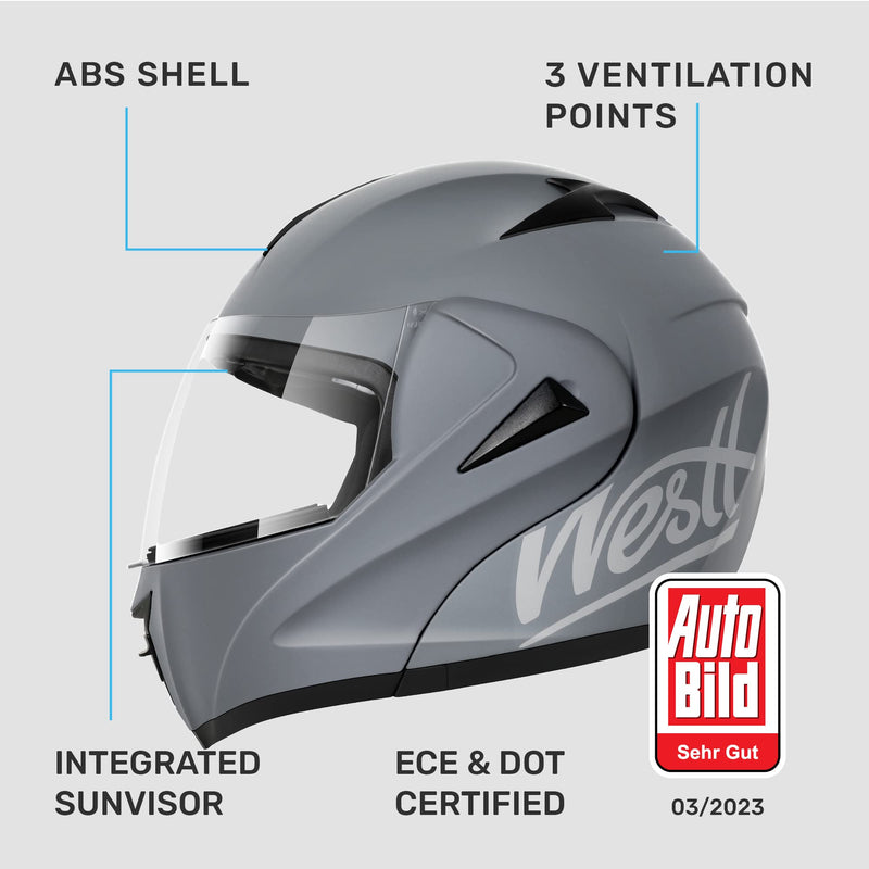 Westt Motorradhelm Herren Damen Integralhelm Klapphelm Flip-up Motorrad Jethelm Chopper Mofa Moped Roller Modular Helm Motorrad ECE DOT Zertifiziert, grau, XL (61-62 cm)