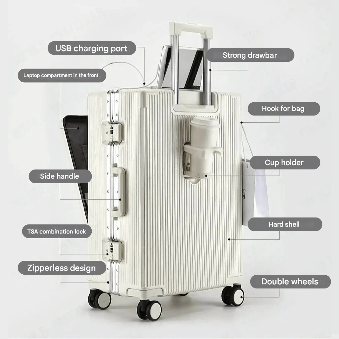 Rebolet | Manhattan Pro – Hartschalen-Handgepäckkoffer mit Aluminiumrahmen, Laptopfach und USB-Anschlüssen