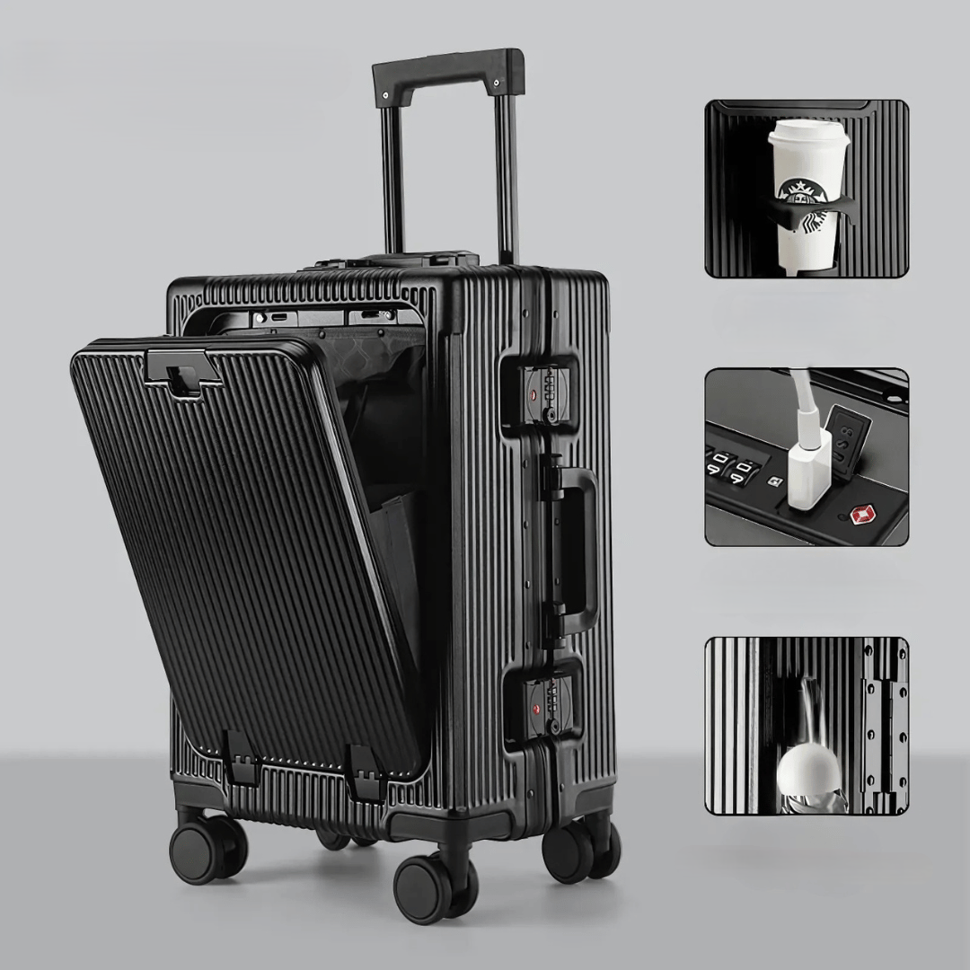 Rebolet | Manhattan Pro – Hartschalen-Handgepäckkoffer mit Aluminiumrahmen, Laptopfach und USB-Anschlüssen