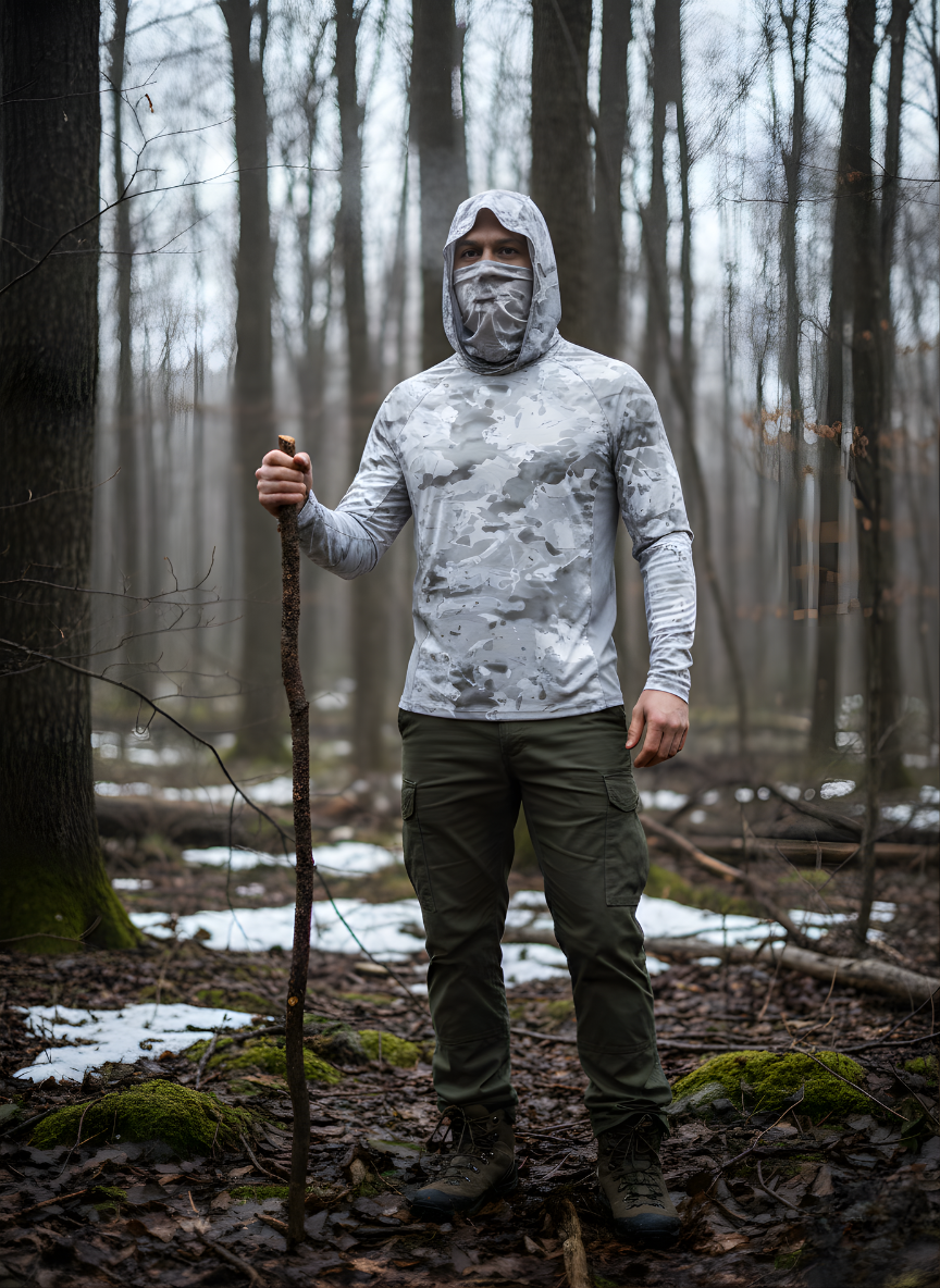 Camouflage Performance-Shirt mit Kapuze – langärmlige Outdoor-Schicht mit Gesichtsschutz