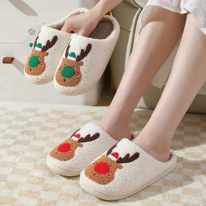 Rebolet | Weihnachten Rentier Hausschuhe - Soft Slip-On Hausschuhe für drinnen