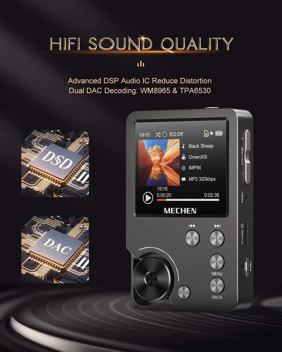 Rebolet | HiFi MP3 Player MECHEN-M30 – Premium verlustfreies Audio mit 64GB Speicherkarte, unterstützt bis zu 256GB