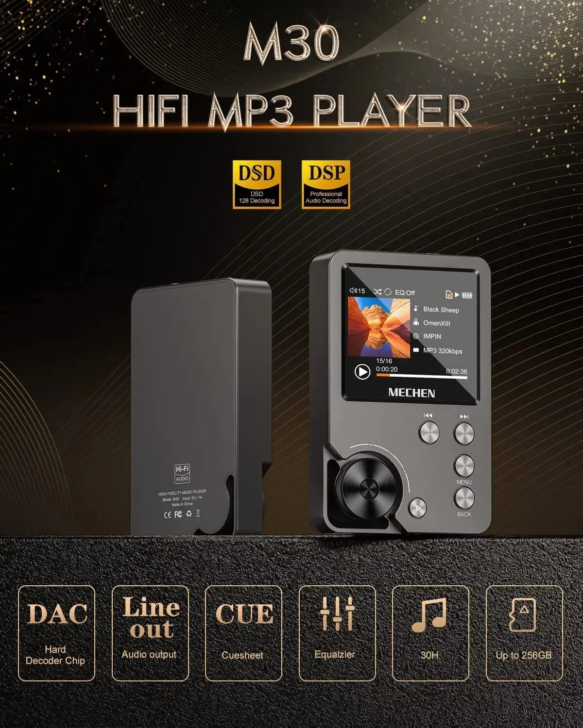 Rebolet | HiFi MP3 Player MECHEN-M30 – Premium verlustfreies Audio mit 64GB Speicherkarte, unterstützt bis zu 256GB