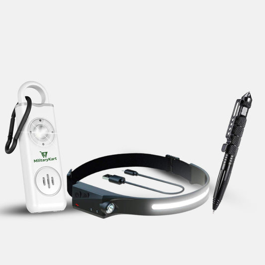 Persönliches Sicherheitsset Pro – 130dB Alarm + 230° USB-C Stirnlampe + Tactical-Stift mit Glasbrecher