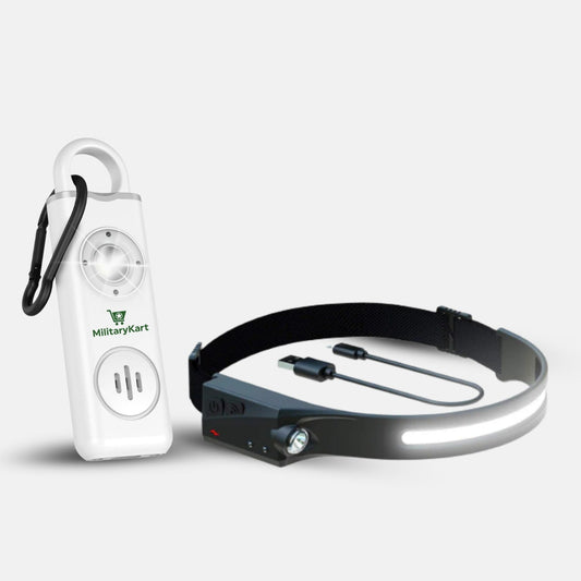 Persönliches Sicherheitsset – 130dB Alarm-Schlüsselanhänger + 230° USB-C Stirnlampe (Bewegungssensor, IPX4)