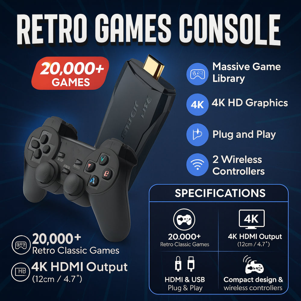 4K Retro Spielekonsole, Stick & Dual Wireless Controller Set