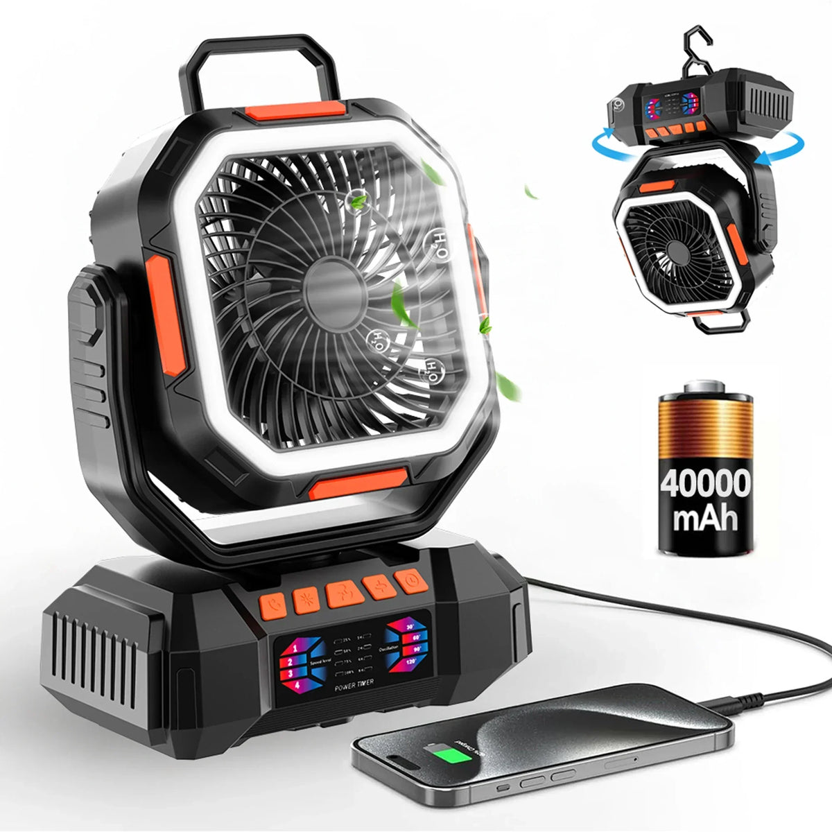 | Wiederaufladbarer Campingventilator mit 40000mAh Akku & LED Laterne – F22