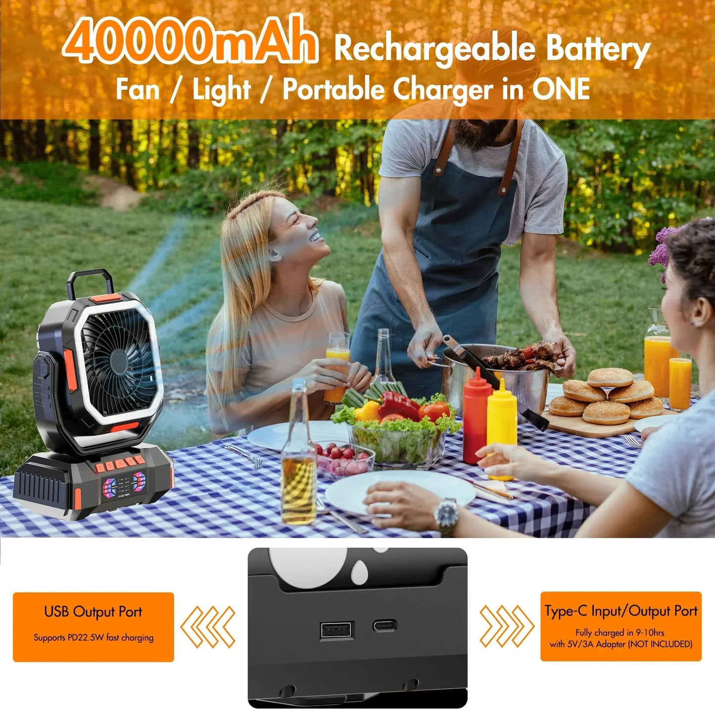 Rebolet | Wiederaufladbarer Campingventilator mit 40000mAh Akku & LED Laterne – F22