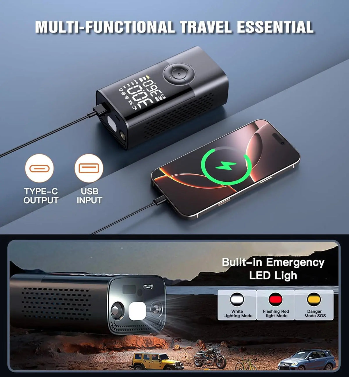 ™ Kabelloser Reifenfüllkompressor 150PSI, 4000mAh, LCD, USB-C
