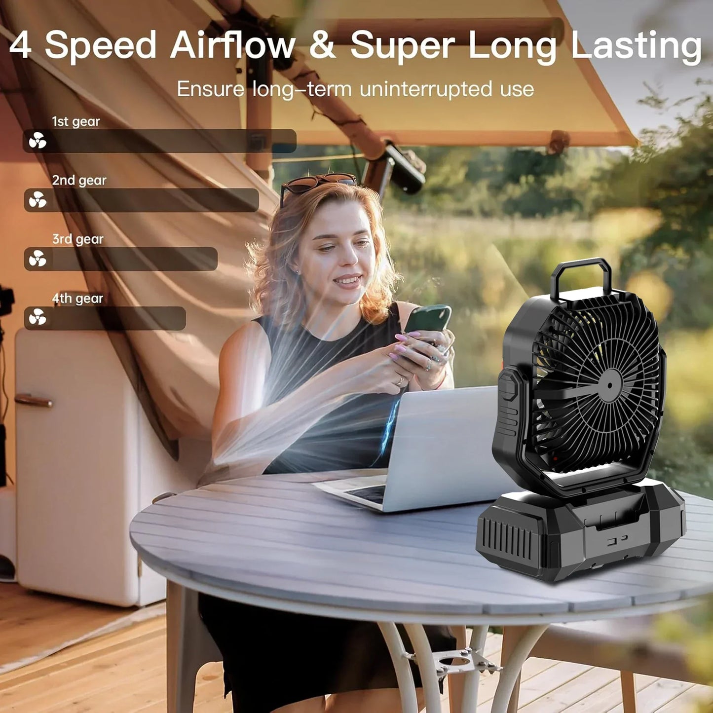 Rebolet | Wiederaufladbarer Campingventilator mit 40000mAh Akku & LED Laterne – F22