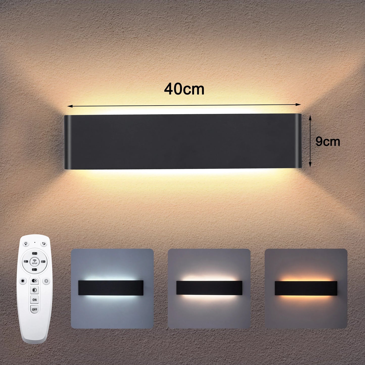 Rebolet | Moderne LED-Wandleuchte – 16W dimmbare Wandlampe mit Fernbedienung, Auf- und Ablichtung für Schlafzimmer, Wohnzimmer und Flur