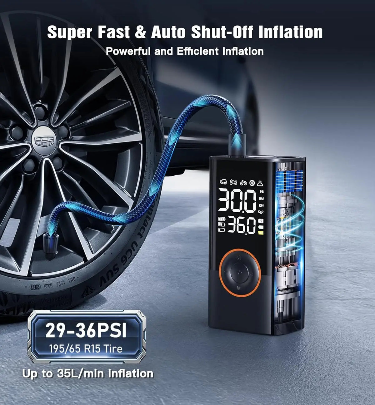 ™ Kabelloser Reifenfüllkompressor 150PSI, 4000mAh, LCD, USB-C
