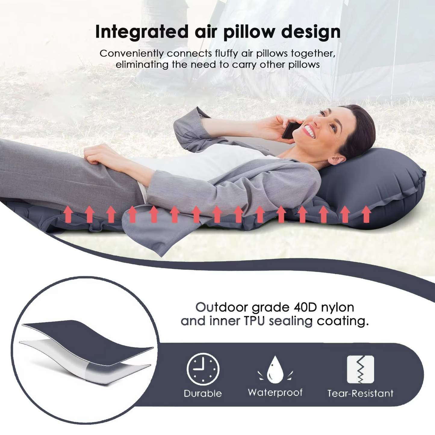 Rebolet | Ultra-Comfort Luftmatratze für Camping mit integriertem Kopfkissen und Pumpe