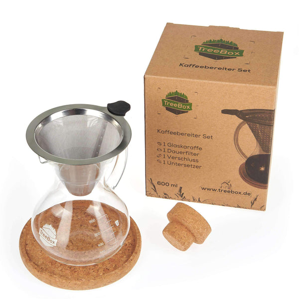 TreeBox Pour Over Kaffeebereiter Set - Mit Extra Dickem Borosilikatglas und Dauerfilter aus Edelstahl für Langen und Aromatischen Kaffeegenuss