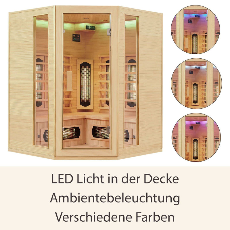 Artsauna Eck-Infrarotkabine Nyborg E150V - Infrarotsauna 150x150 cm Vollspektrumstrahler für 4 Personen - LED-Farblicht - Wärmekabine aus Hemlockholz