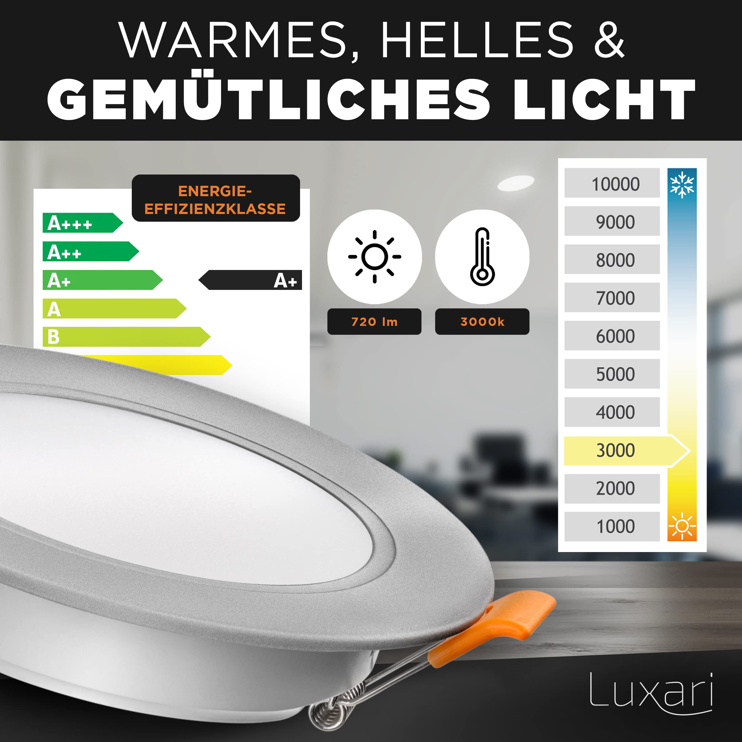 Luxari LED Einbaustrahler 230V flach − Strahlende LED Einbauleuchten [6er Set 8W] − Bad LED Spot [3000K warmweiß] − Deckenstrahler − IP54