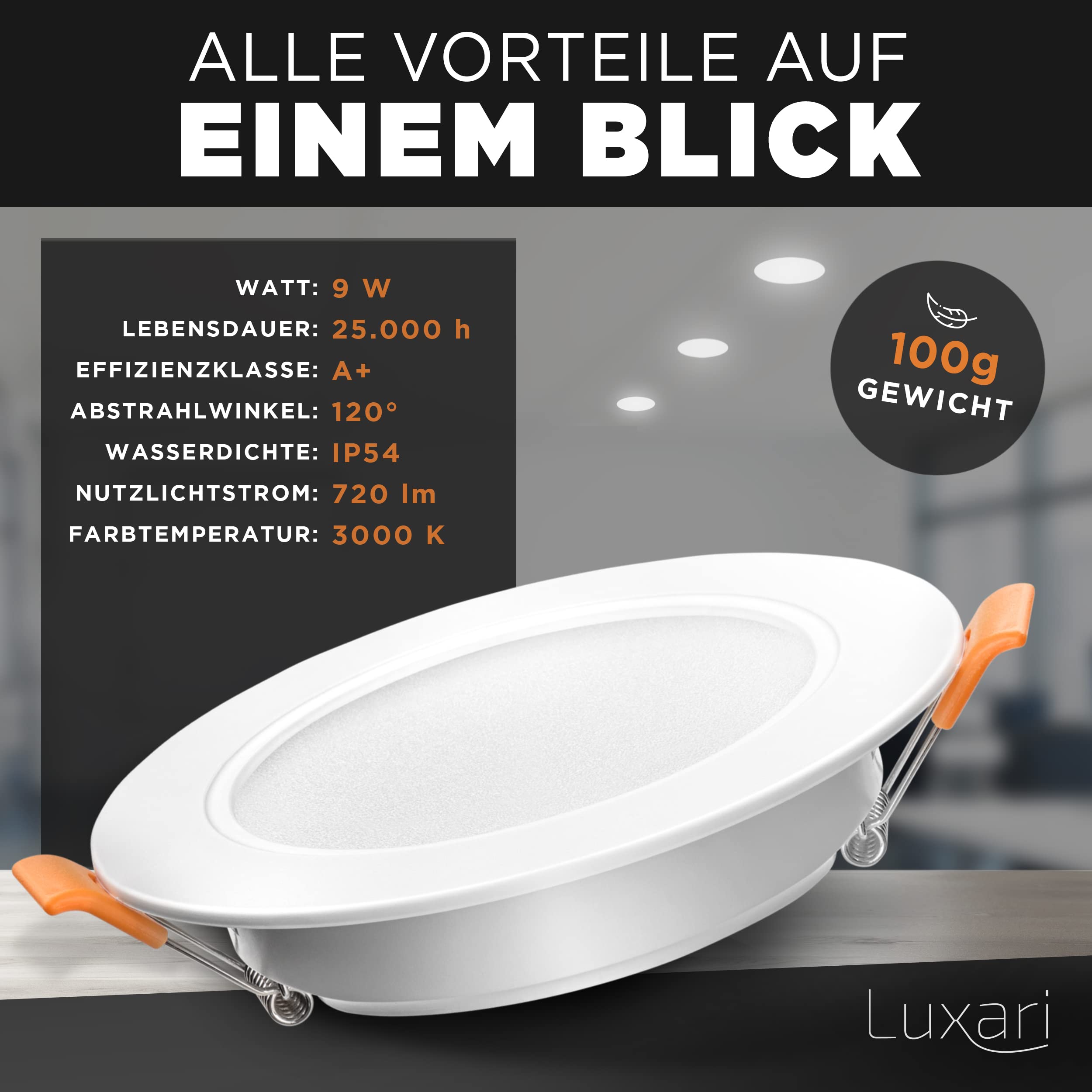 Luxari LED Einbaustrahler 230V flach − Strahlende LED Einbauleuchten [6er Set 8W] − Bad LED Spot [3000K warmweiß] − Deckenstrahler − IP54