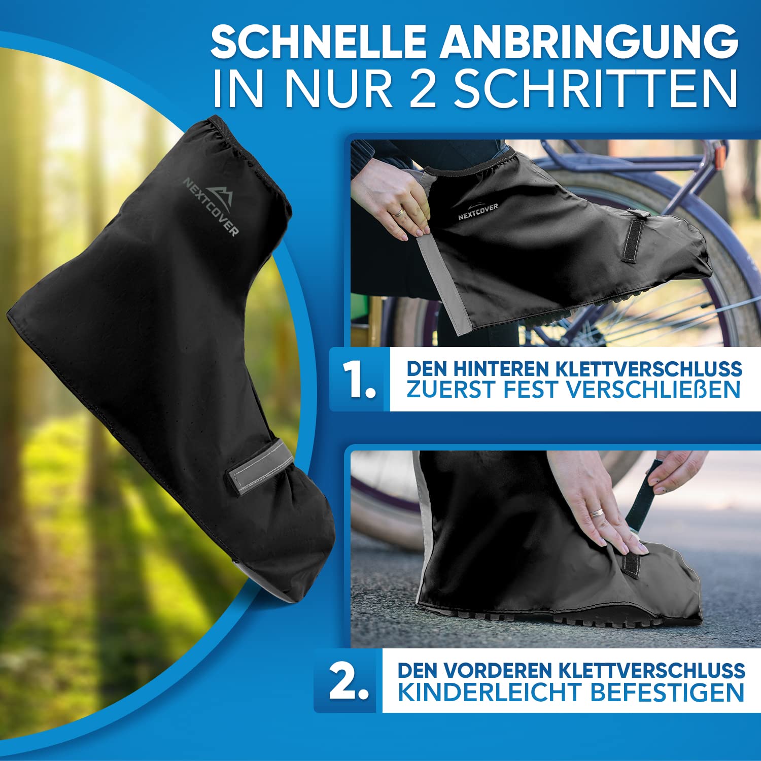 Nextcover Universelle Überschuhe Fahrrad I 100% Wind-& wasserdichte Fahrrad Überschuhe für effektiven Schutz vor Nässe I Reflektierende Regenschutz Schuhe I Schuhüberzieher Fahrrad (Schwarz, 40-43)