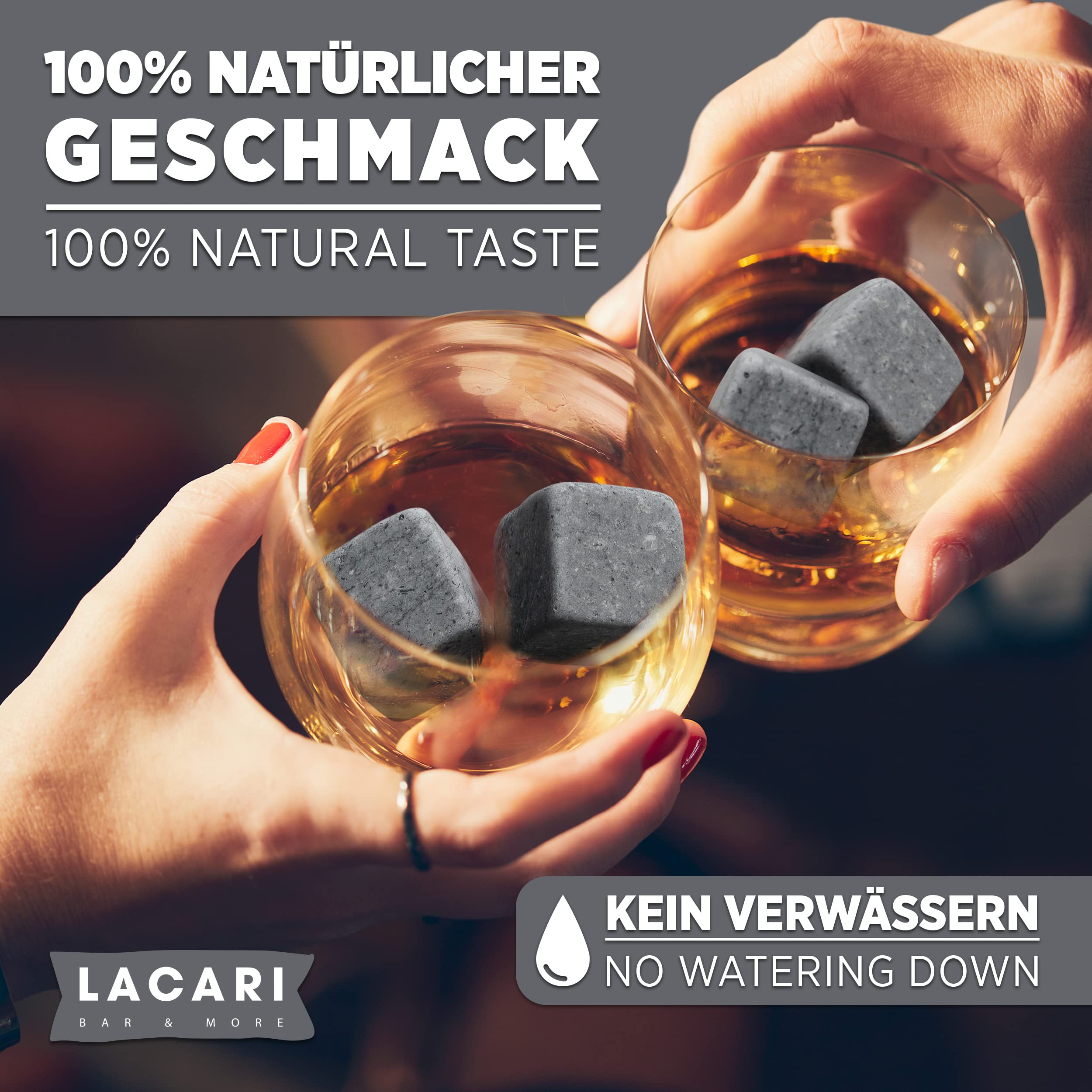 Whisky Steine | 9x Wiederverwendbare Eiswürfel | Lacari ORIGINAL Whiskey Steine | Whisky Geschenkset mit Holzbox, Zange & Stoffbeutel | Kein Verwässern für Whiskey, Rum, Gin | Geschenk Geburtstag