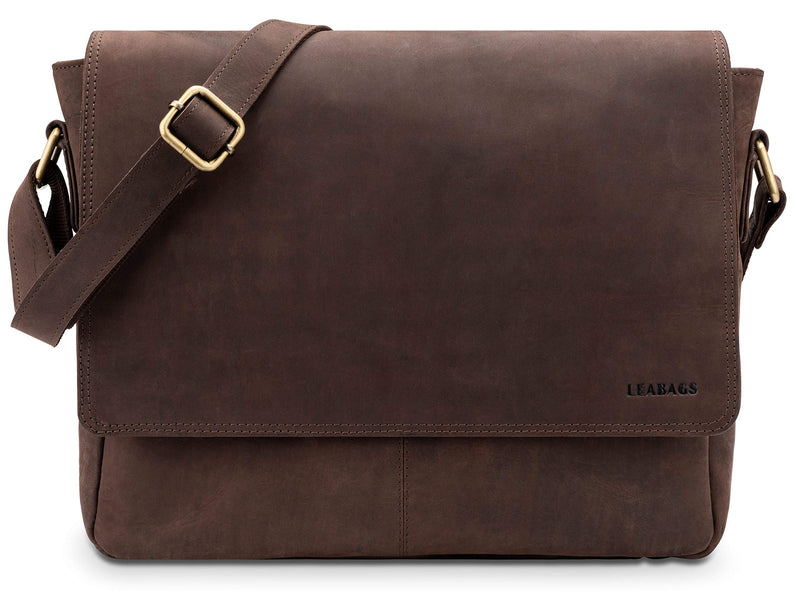 LEABAGS Leder Umhängetasche Herren & Damen I Echtleder Laptoptasche bis 14 Zoll I Messenger Bag mit Schultergurt I Schultertasche I Arbeitstasche I Tragetasche I Handtasche I Nature Dunkelbraun