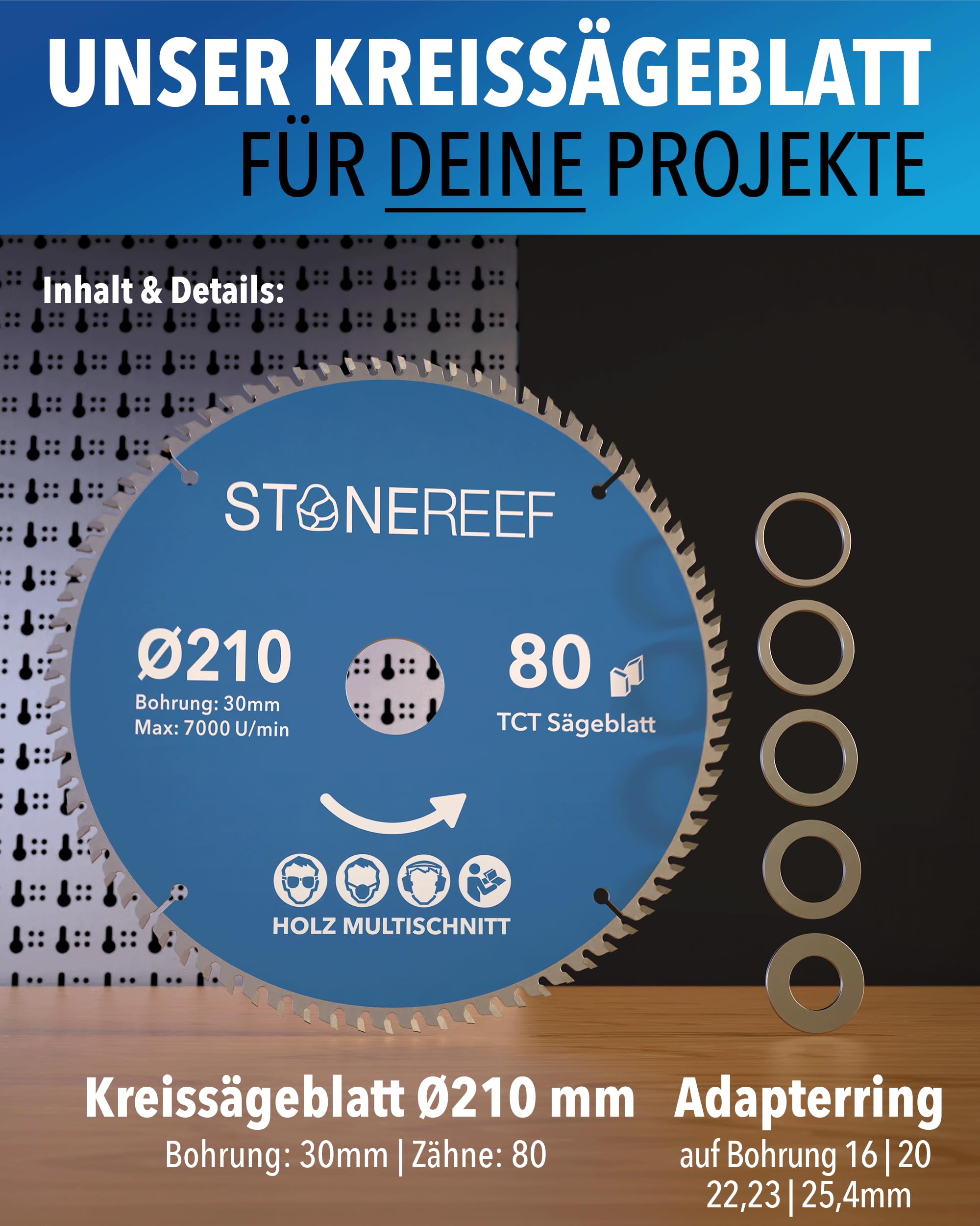 STONE REEF Sägeblatt 210x30 - Kreissägeblatt [Adapter auf Bohrung 16/20/22,23/25,4mm], kompatibel mit Tauchsäge & Kreissäge von Bosch, Makita usw.; Sägeblatt Kreissäge Nagelfest für Holz, Metall & Alu