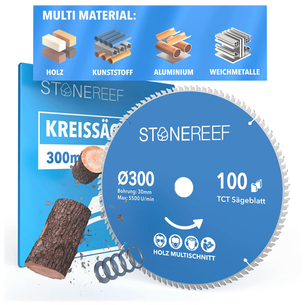 STONE REEF Sägeblatt 300x30 - Kreissägeblatt [Adapter auf Bohrung 16/20/22,23/25,4mm], kompatibel mit Tauchsäge & Kreissäge von Bosch, Makita usw.; Sägeblatt Kreissäge Nagelfest für Holz, Metall & Alu