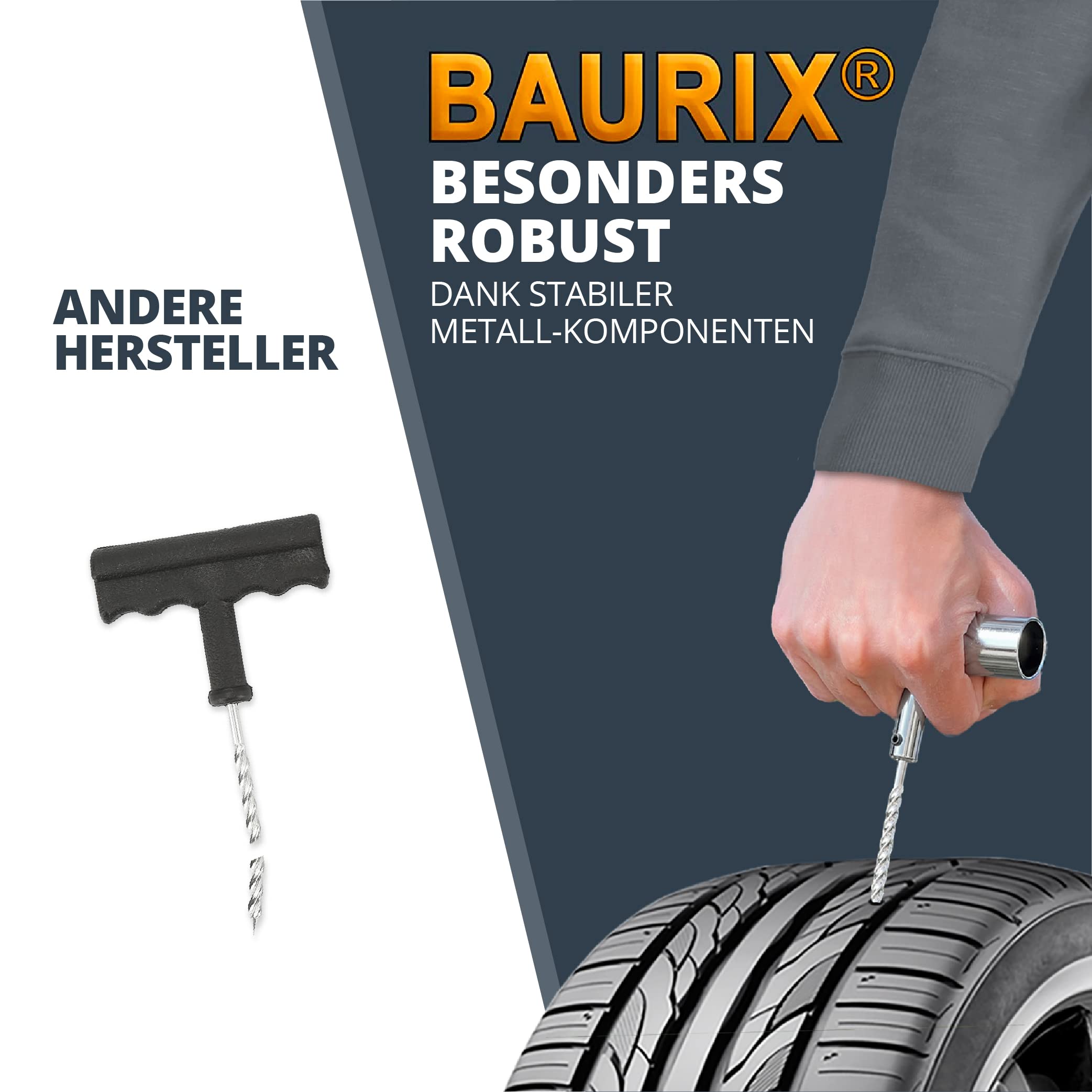 BAURIX® Premium Reifenreparaturset [68-teilig] - Autoreifen Reparaturset - Reifen Reparaturset ohne Reifenwechsel - zuverlässiges Tubeless Reparaturset für jeden Reifen