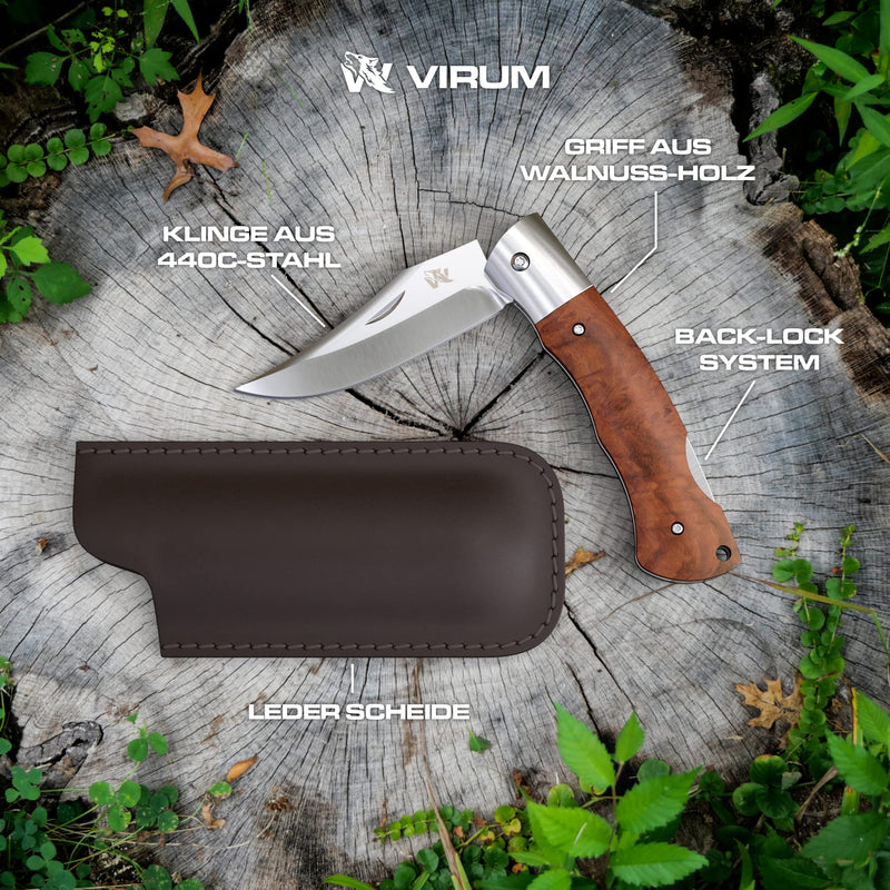 Wolfgangs VIRUM Zweihand-Klappmesser - Ein echter Gentlemen Folder mit hochwertigem Wurzelholz Griff - Taschenmesser Holzgriff - Edles Survival Outdoor Messer - Zweihandmesser inkl. Echt-Leder Tasche