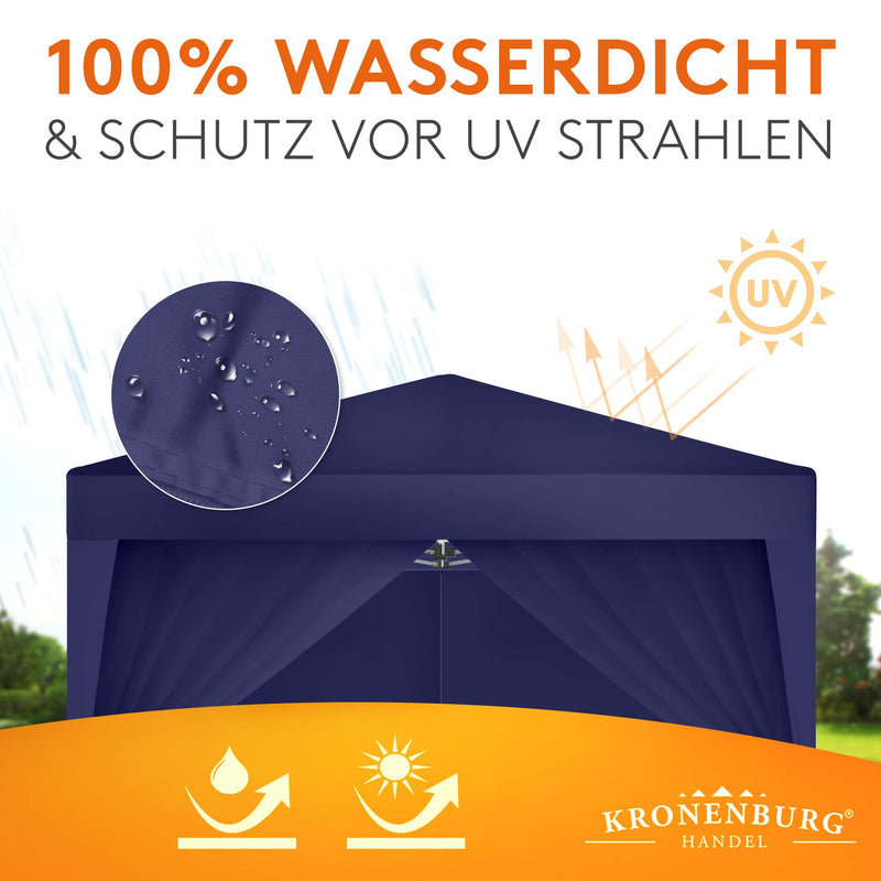 Kronenburg Faltpavillon wasserdicht Dachmaß 2 x 2 m UV Schutz 50+ Pavillon in Blau mit 4 Seitenteilen