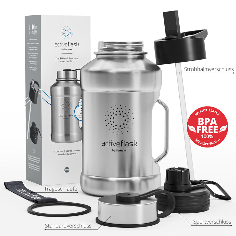 Trinkflasche Edelstahl ACTIVE FLASK + Strohhalm (3 Deckel) | Große 1,3/2,2 Liter Sportflasche BPA-frei Auslaufsicher Kohlensäure geeignet, 2l XL Wasserflasche Sport Outdoor Fitness Wasser Flasche